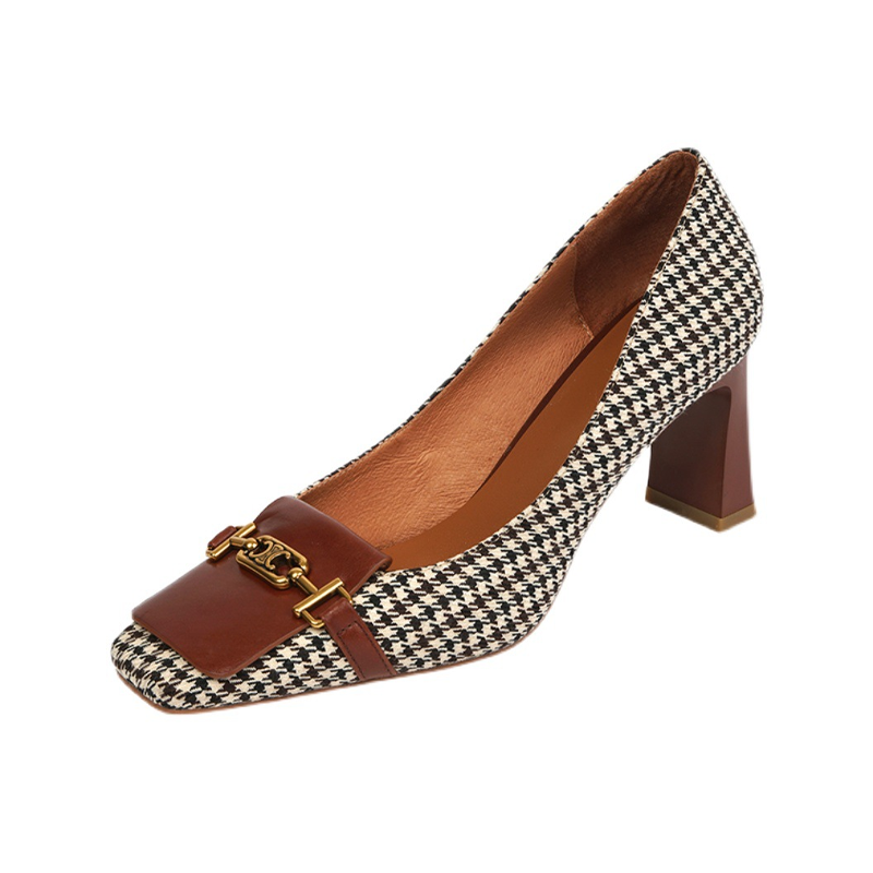 Thousand Bird Lattice Square Toes Chunky Heels