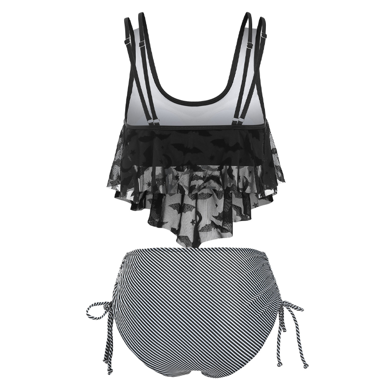 Print Bat Mesh Padded Tankini Women Swimsuit Set - Cool Crow