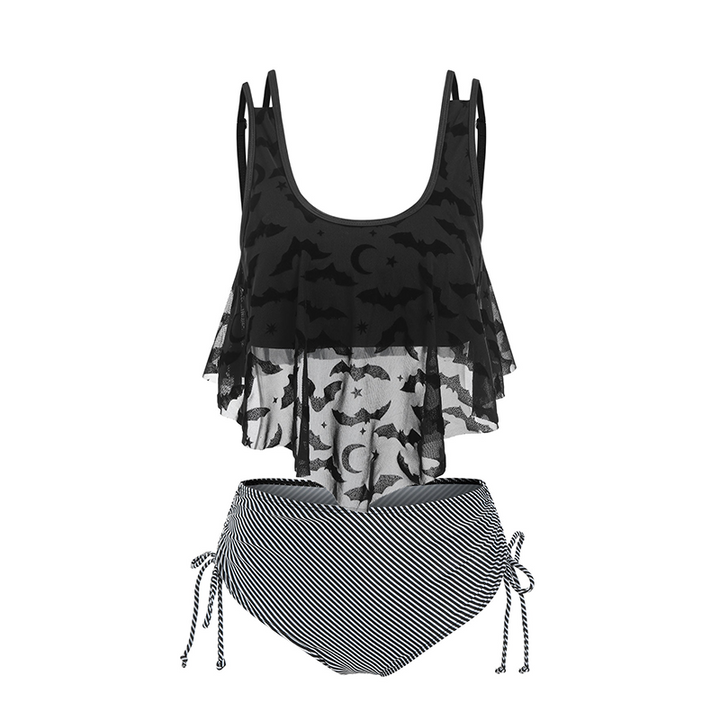 Print Bat Mesh Padded Tankini Women Swimsuit Set - Cool Crow