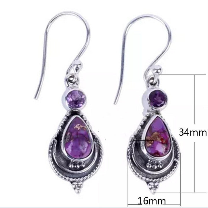 Purple Agate Dangle Silver Long Hook Earrings
