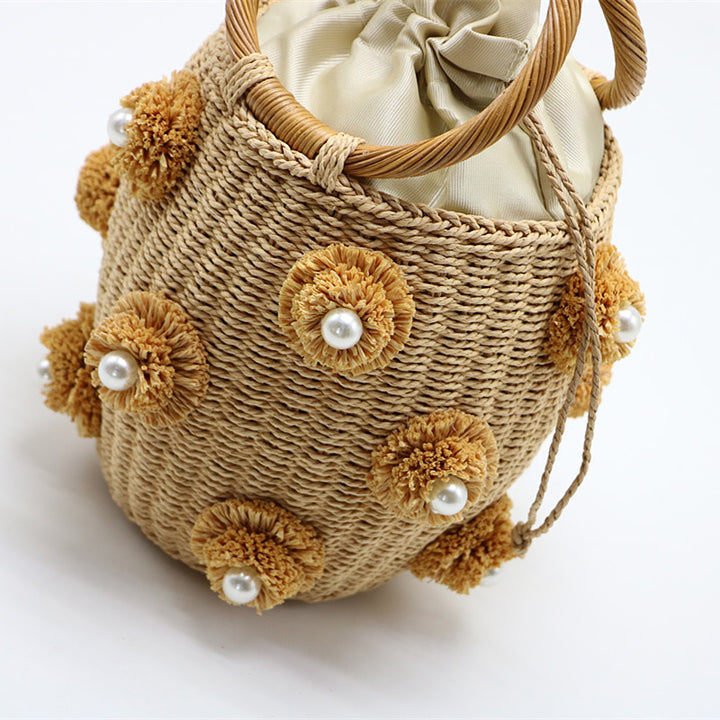 Flower Pearls Rattan Buckets Bag