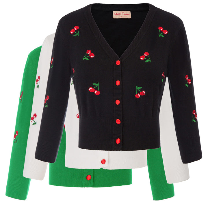 Cheeky Cherries embroidered on this 3/4 sleeve sweater is only the start of this cuteness. Paired with your favorite jeans, black patent leather flats and our Cheery Cherry Earrings and you're ready to go. Easy Peasy! Well, in this case Cheeky Cherry.