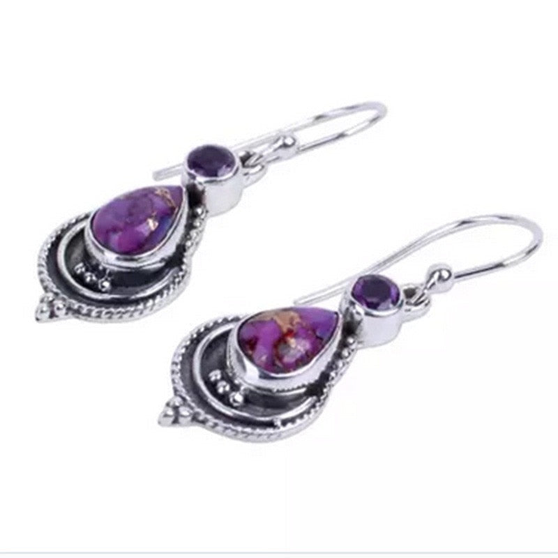 Purple Agate Dangle Silver Long Hook Earrings