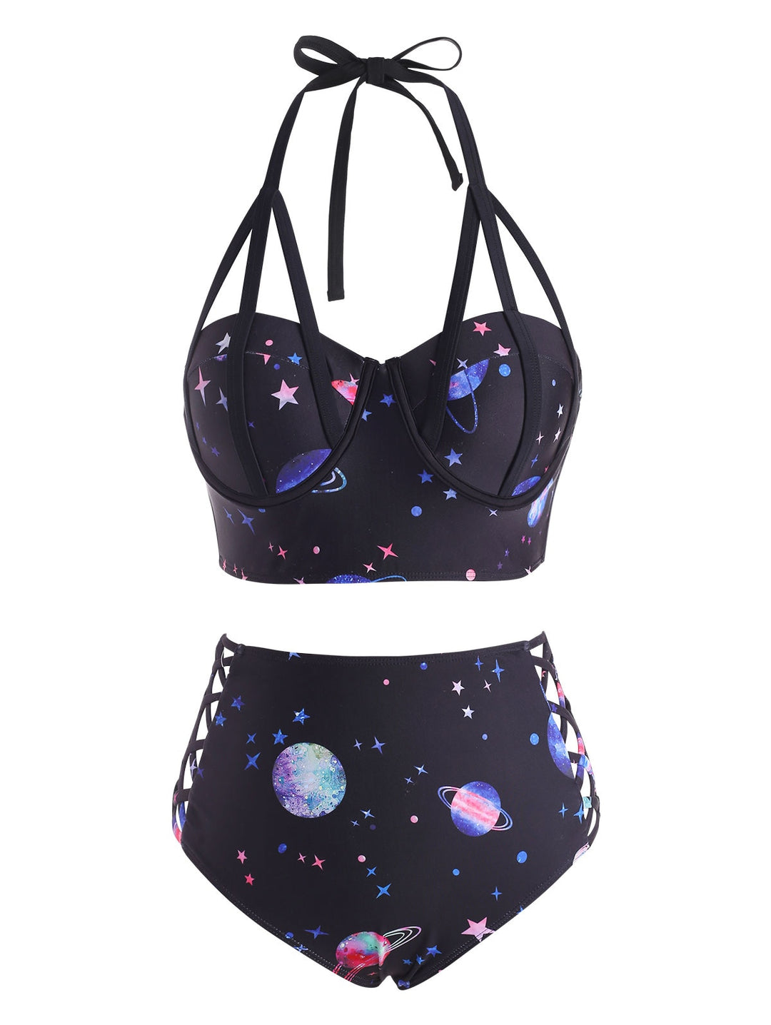 Sexy Moon Sun Star Print Lace Up Tummy Swimwear