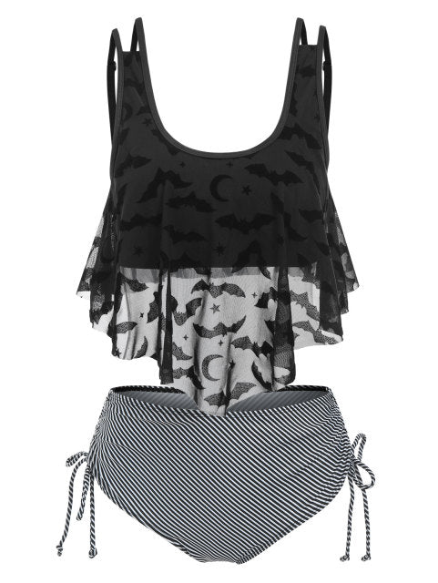 Print Bat Mesh Padded Tankini Women Swimsuit Set - Cool Crow