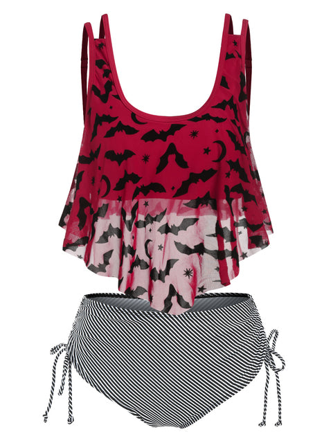 Print Bat Mesh Padded Tankini Women Swimsuit Set - Cool Crow