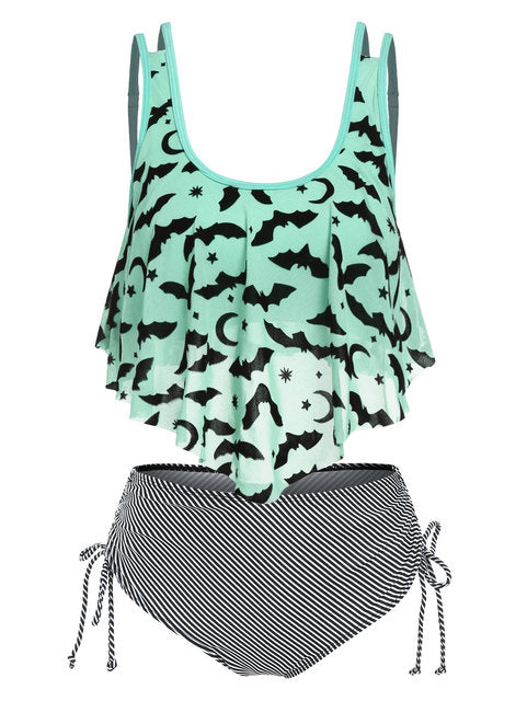 Print Bat Mesh Padded Tankini Women Swimsuit Set - Cool Crow